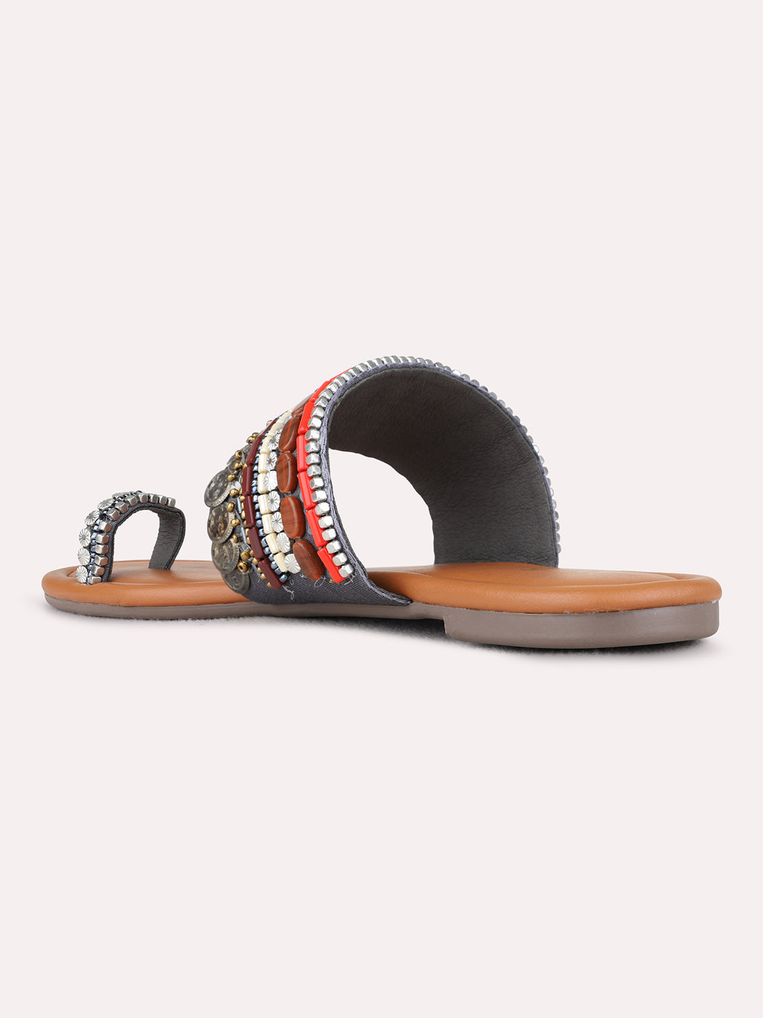 Womens Pewter Ethnic Embellished One Toe Flats