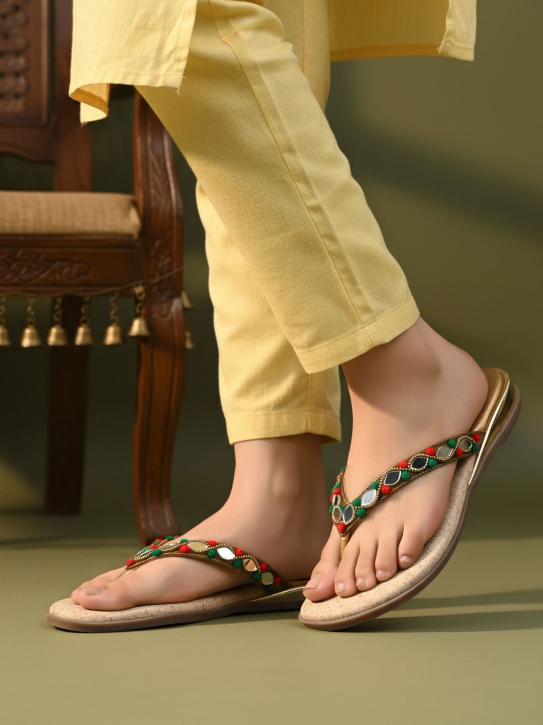 Womens Golden Ethnic Embellished T-Strap Slip-On Flats