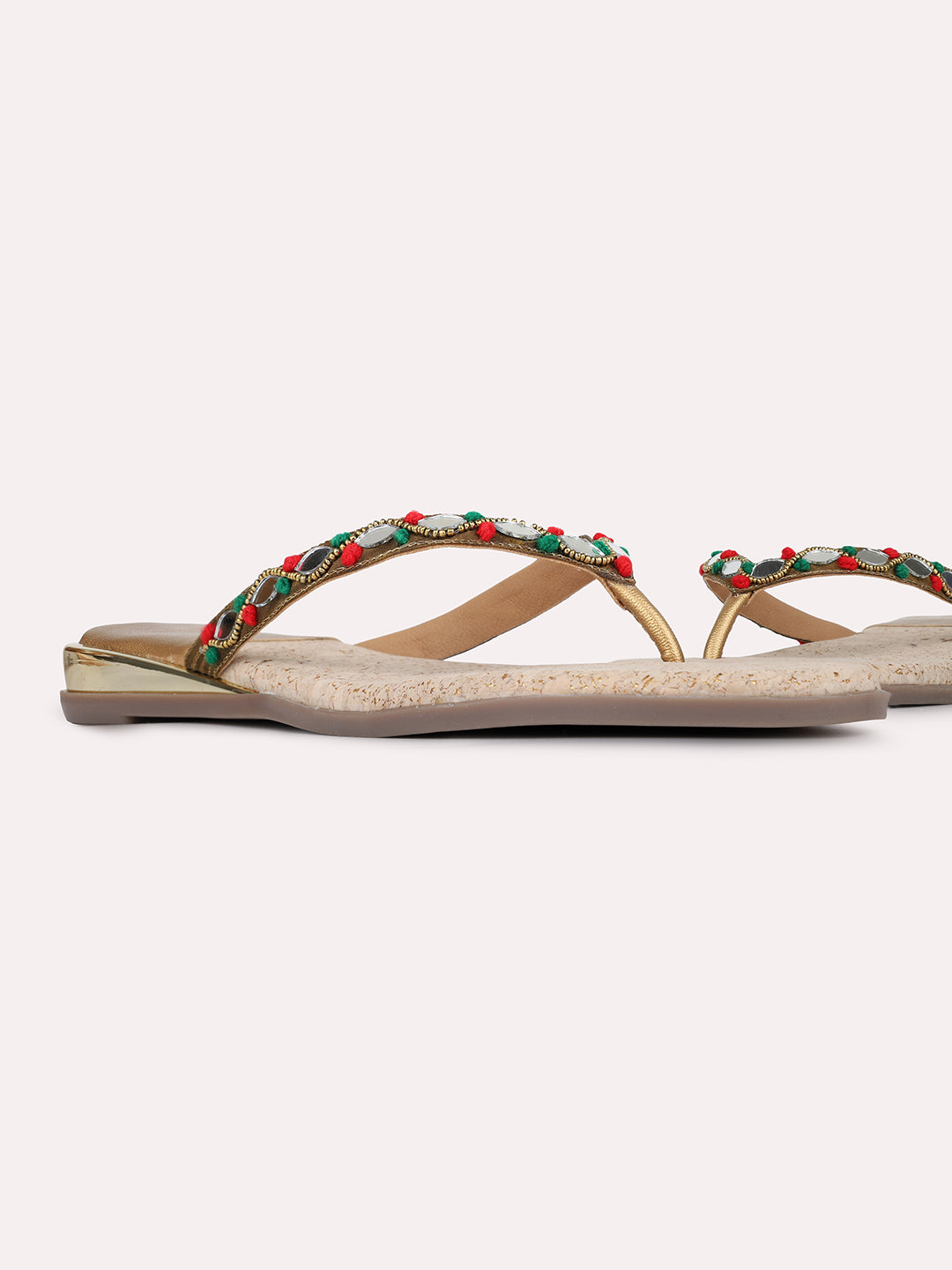 Womens Golden Ethnic Embellished T-Strap Slip-On Flats
