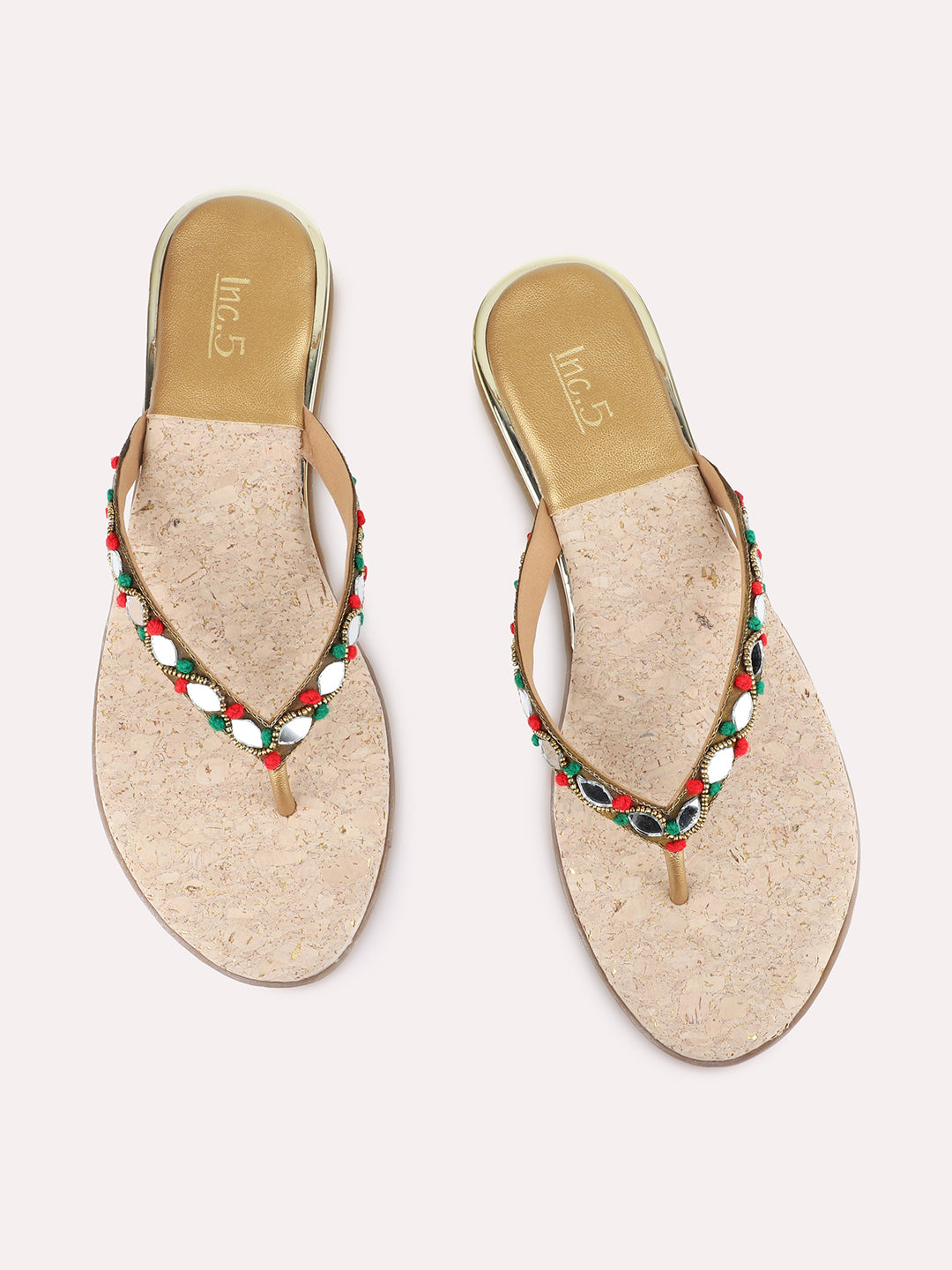 Womens Golden Ethnic Embellished T-Strap Slip-On Flats