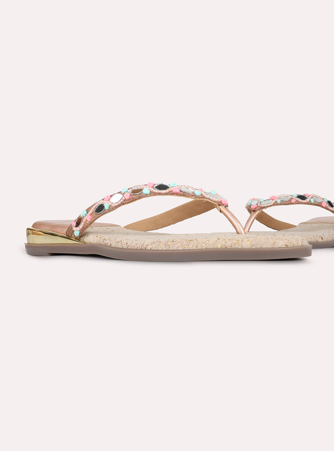 Womens Rose Gold Ethnic Embellished T-Strap Slip-On Flats