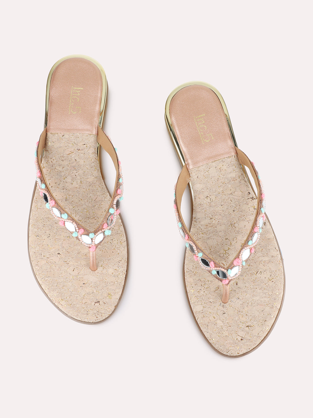 Womens Rose Gold Ethnic Embellished T-Strap Slip-On Flats