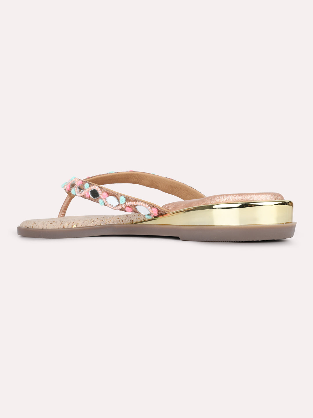 Womens Rose Gold Ethnic Embellished T-Strap Slip-On Flats