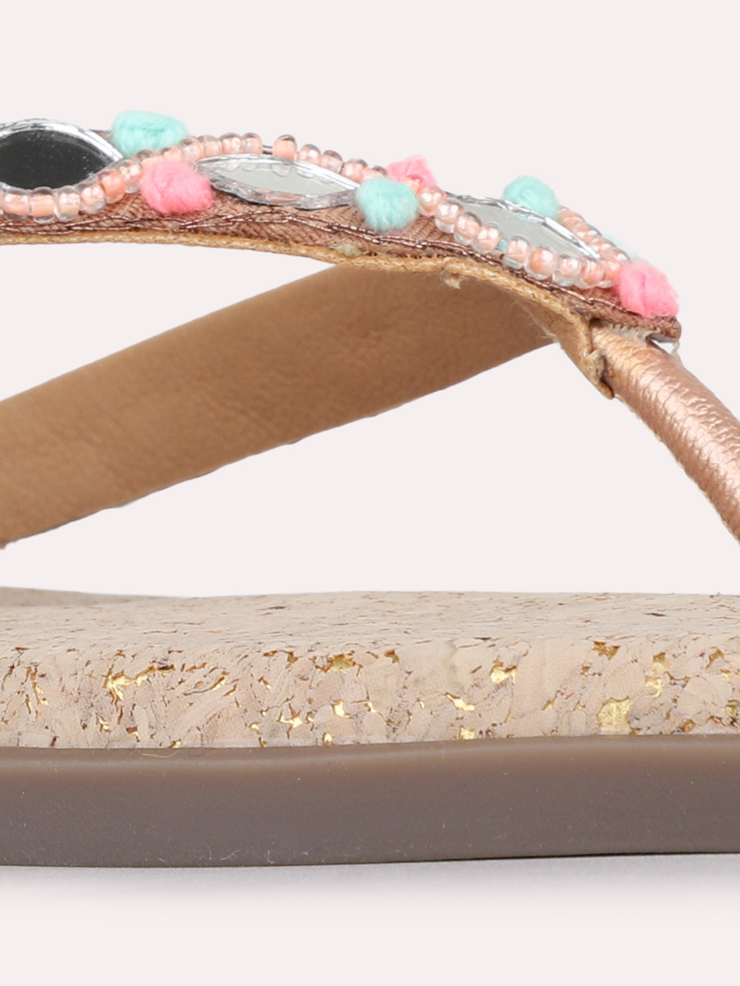 Womens Rose Gold Ethnic Embellished T-Strap Slip-On Flats