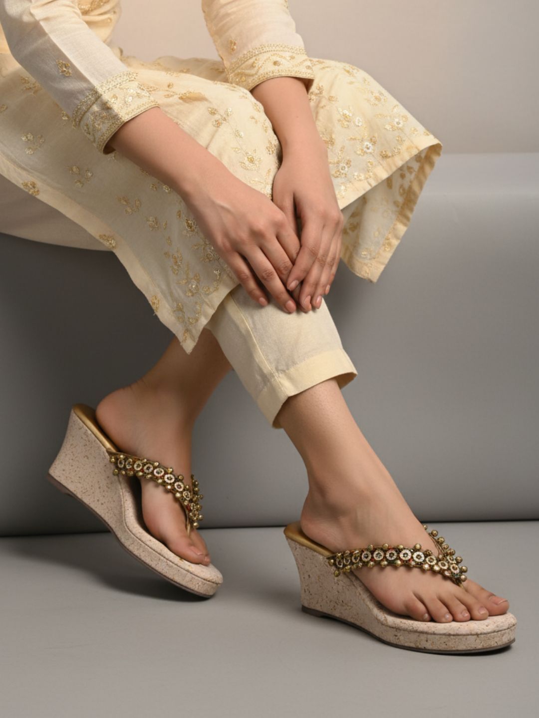 Womens Golden Ethnic Embellished Round Toe Wedges
