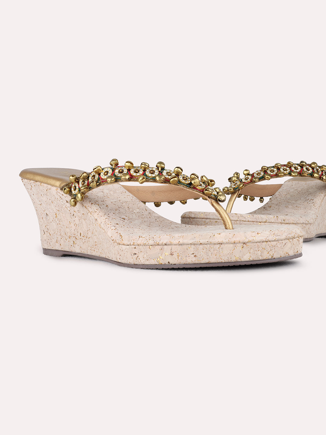 Womens Golden Ethnic Embellished Round Toe Wedges