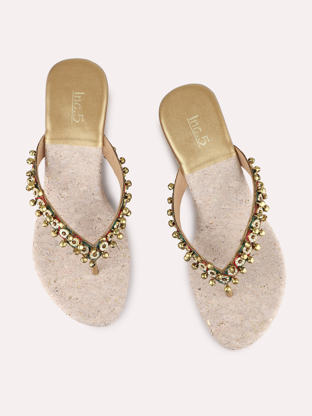 Womens Golden Ethnic Embellished Round Toe Wedges