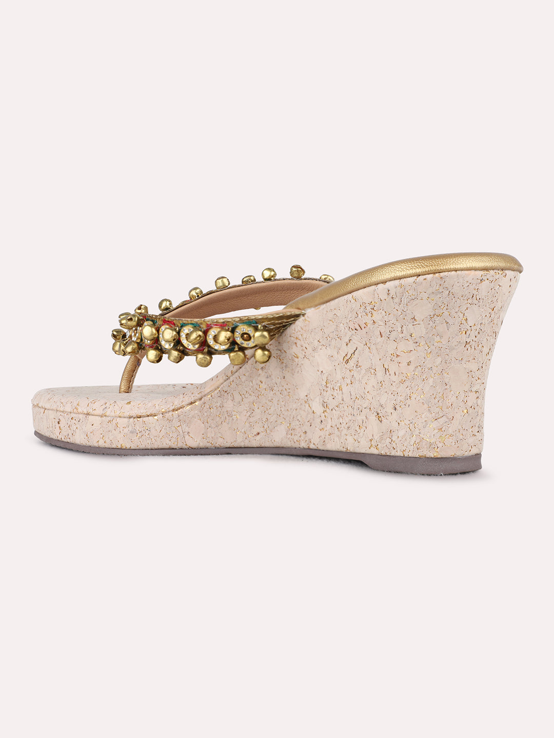 Womens Golden Ethnic Embellished Round Toe Wedges