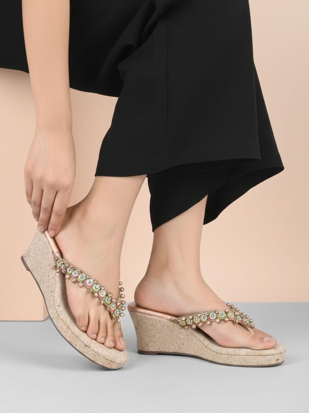 Womens Rose Gold Ethnic Embellished Round Toe Wedge Heels