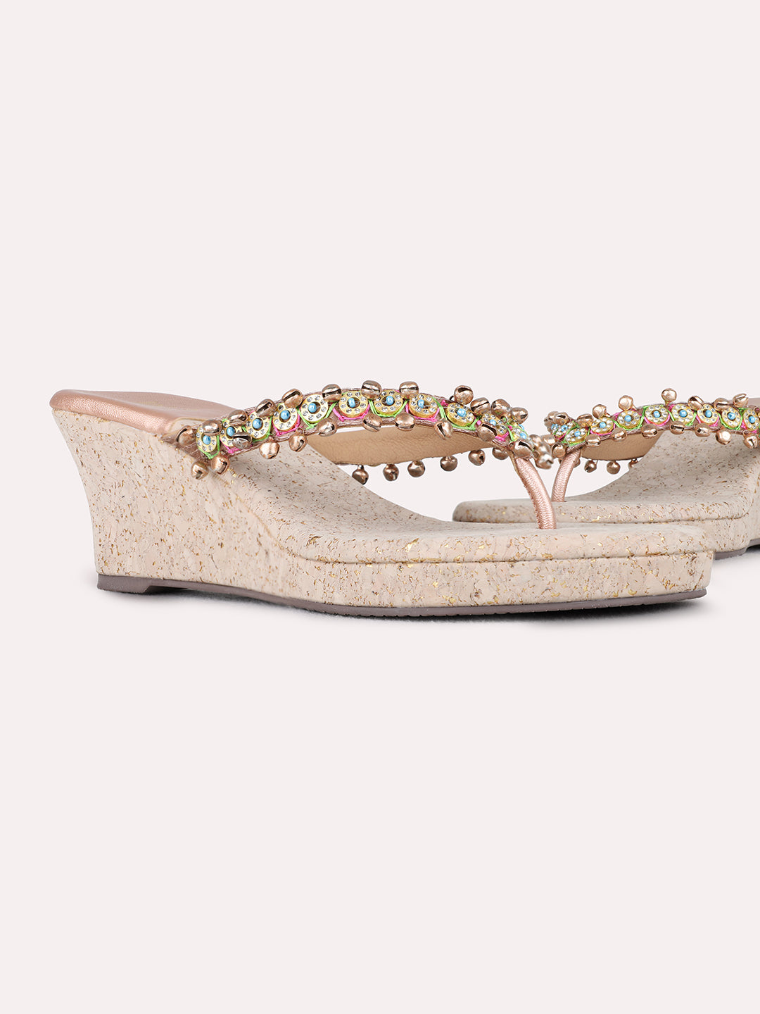 Womens Rose Gold Ethnic Embellished Round Toe Wedge Heels