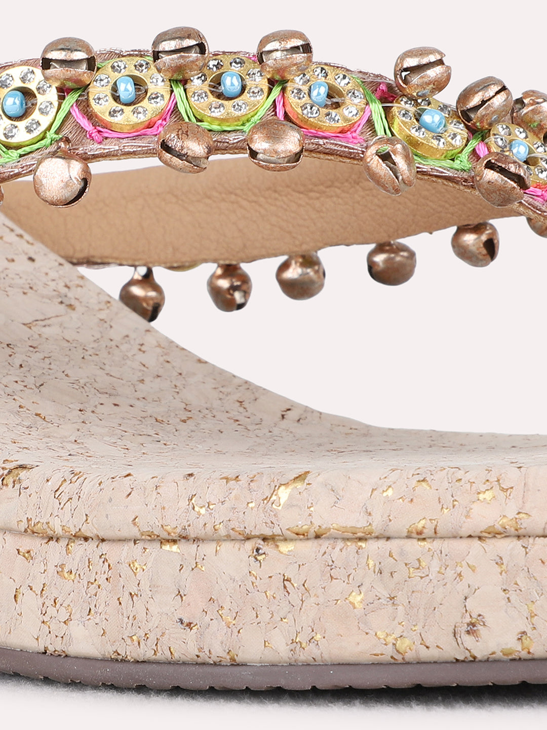 Womens Rose Gold Ethnic Embellished Round Toe Wedge Heels