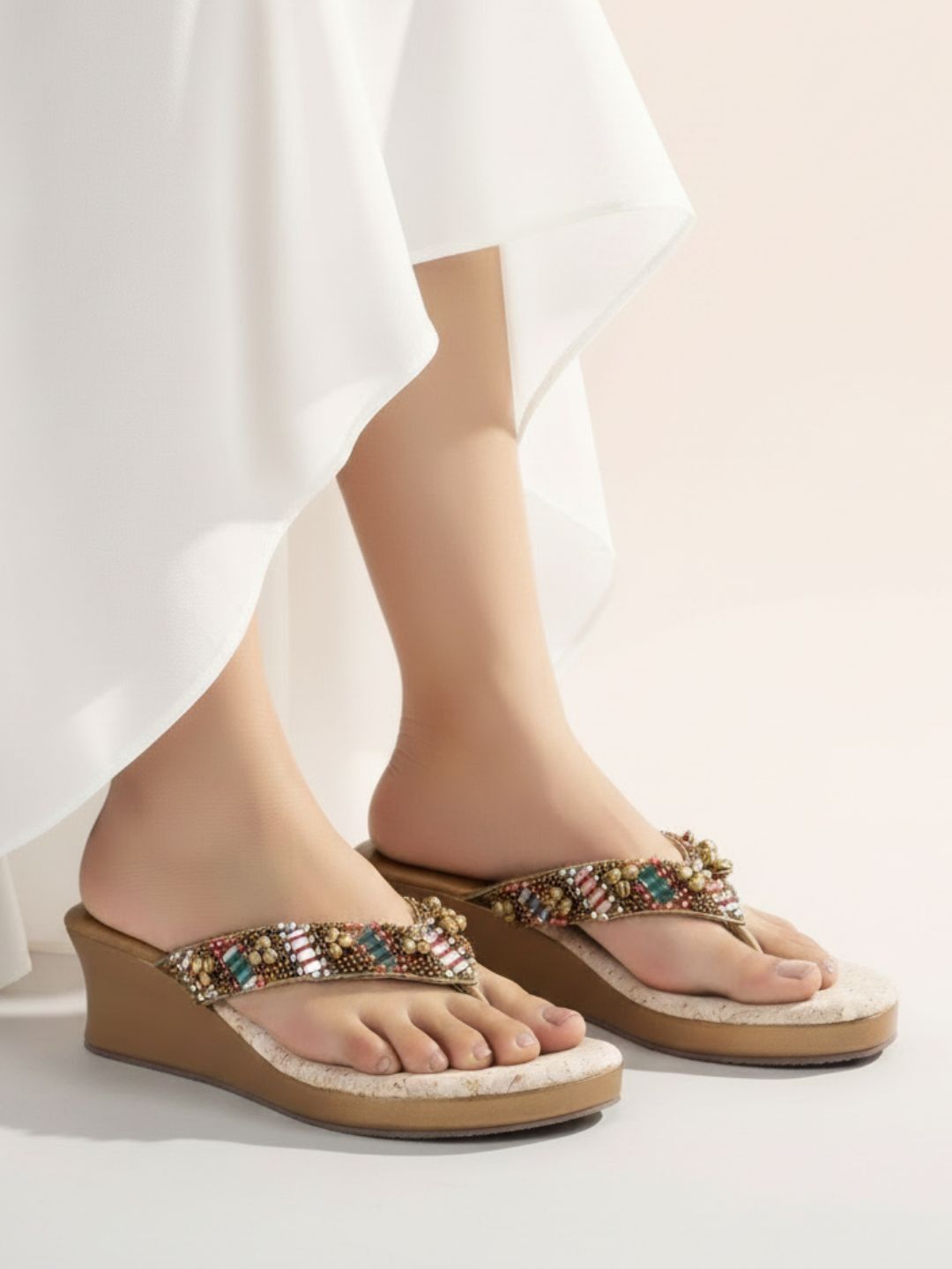Womens Golden Ethnic Embellished Round Toe Shape Wedges