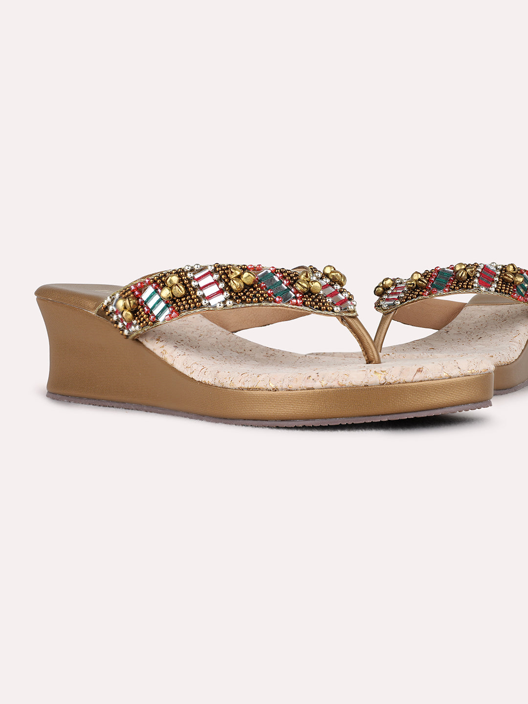 Womens Golden Ethnic Embellished Round Toe Shape Wedges