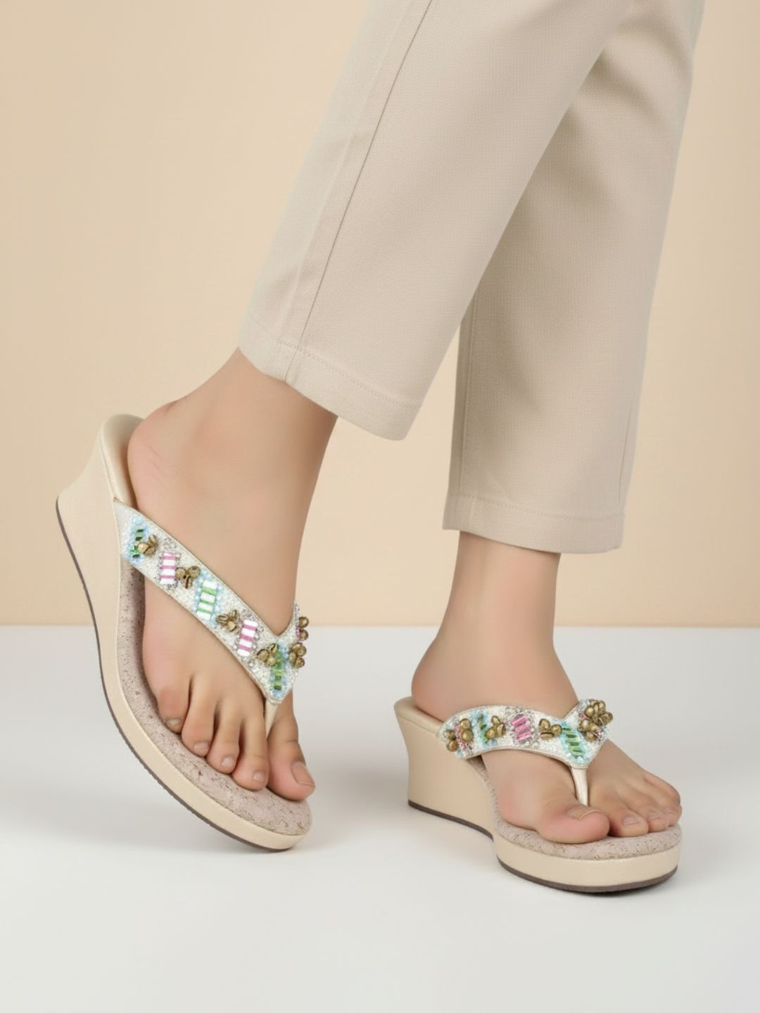 Womens Golden Ethnic Embellished Round Toe Wedge Heels