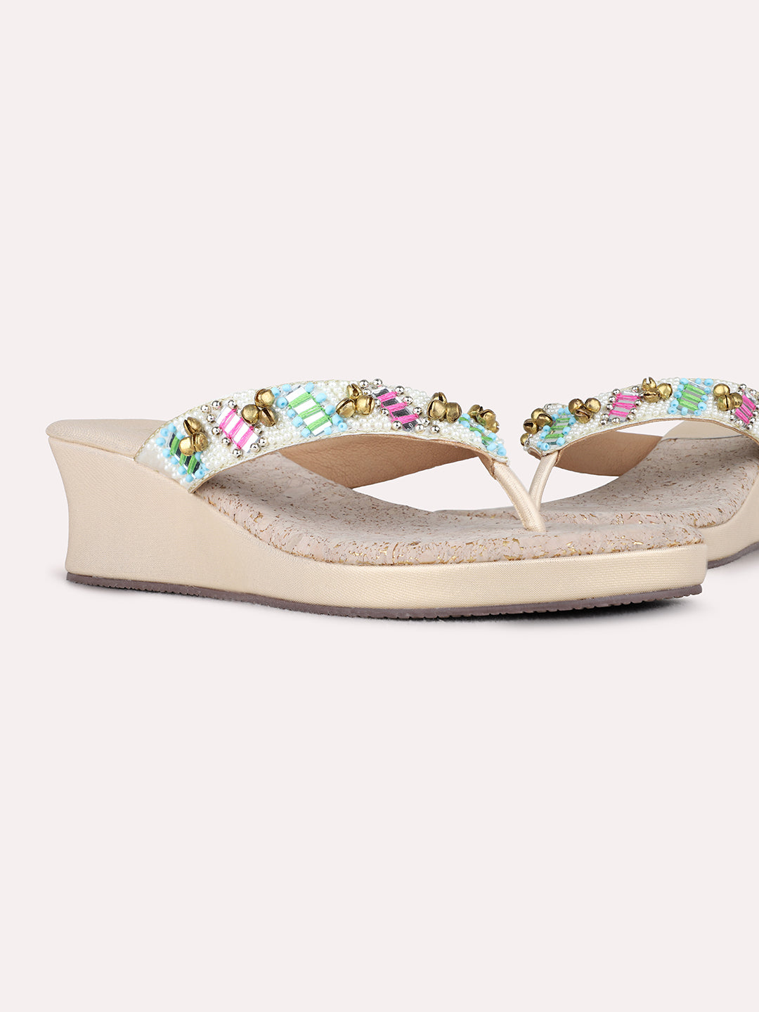Womens Golden Ethnic Embellished Round Toe Wedge Heels