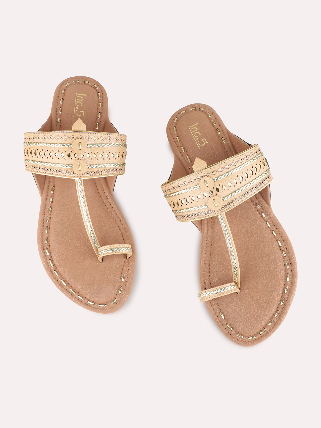 Womens Beige Ethnic Embellished One Toe Kolhapuris