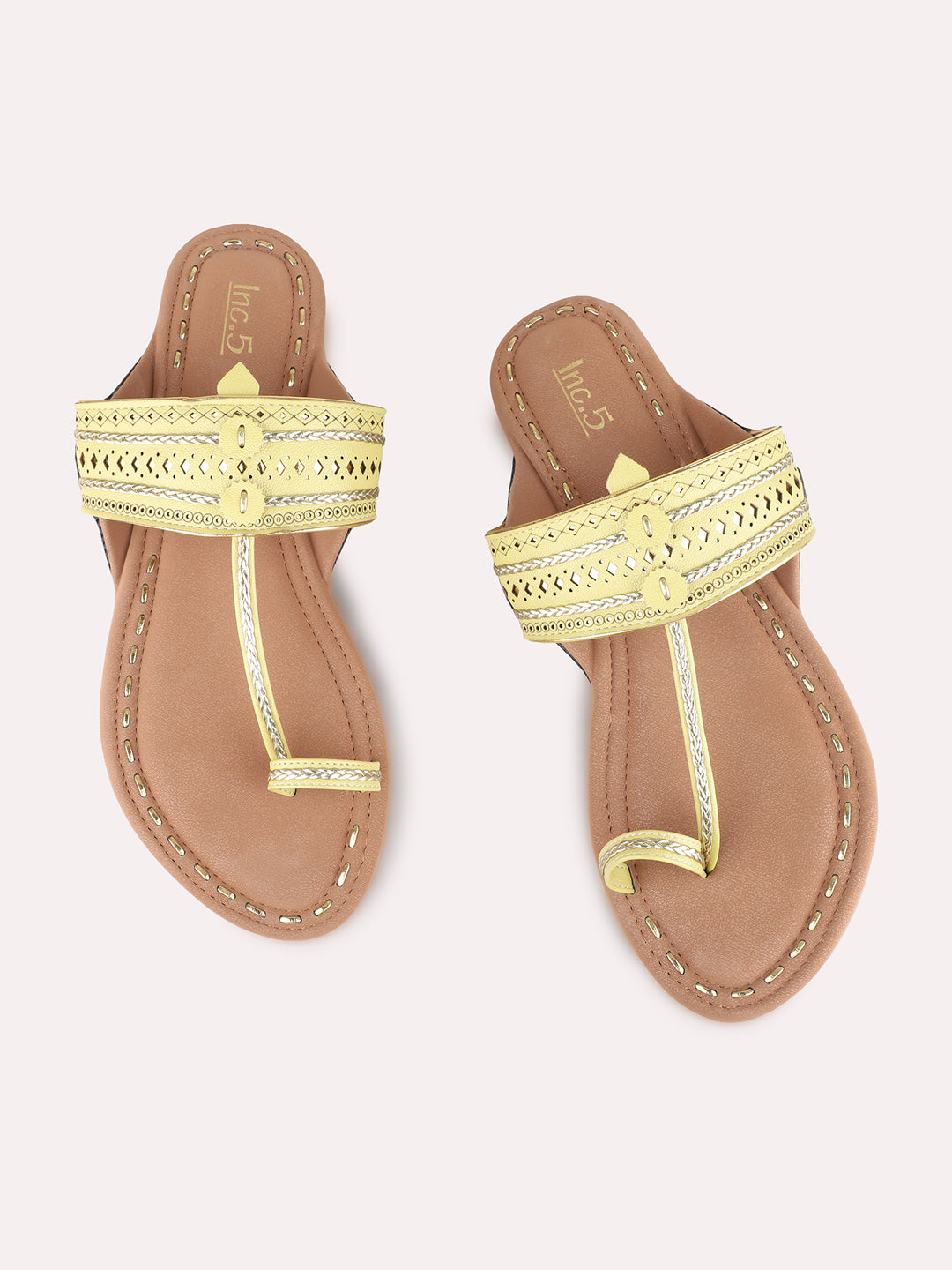 Womens Yellow Ethnic Embellished One Toe Kolhapuris