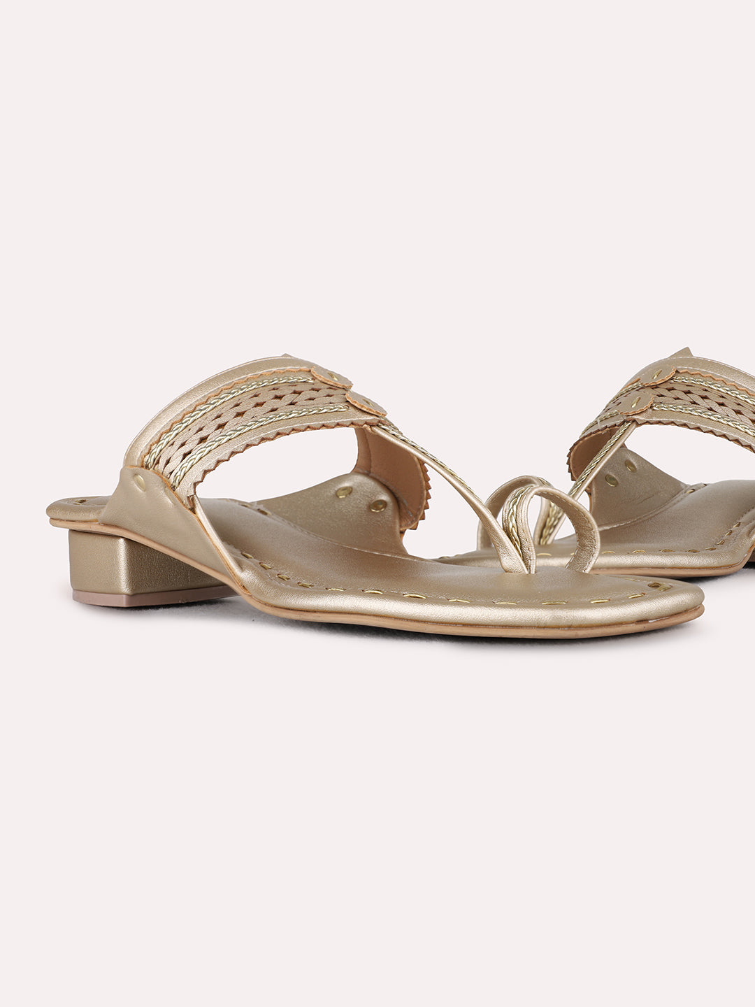 Womens Golden Ethnic Embellished Pattern Round Toe Block Heel Kolhapuris