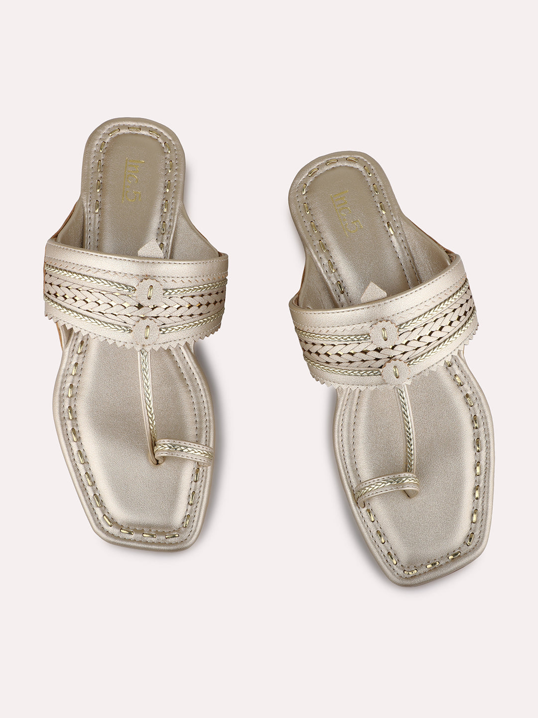 Womens Golden Ethnic Embellished Pattern Round Toe Block Heel Kolhapuris