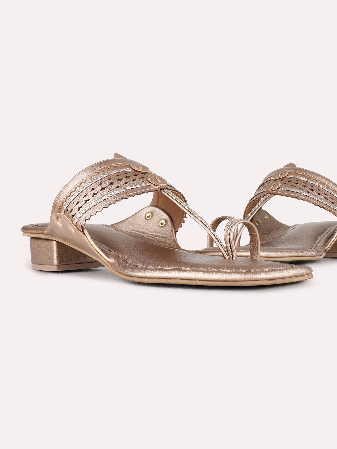 Womens Rose Gold Ethnic Embellished Round Toe Block Heel Kolhapuris