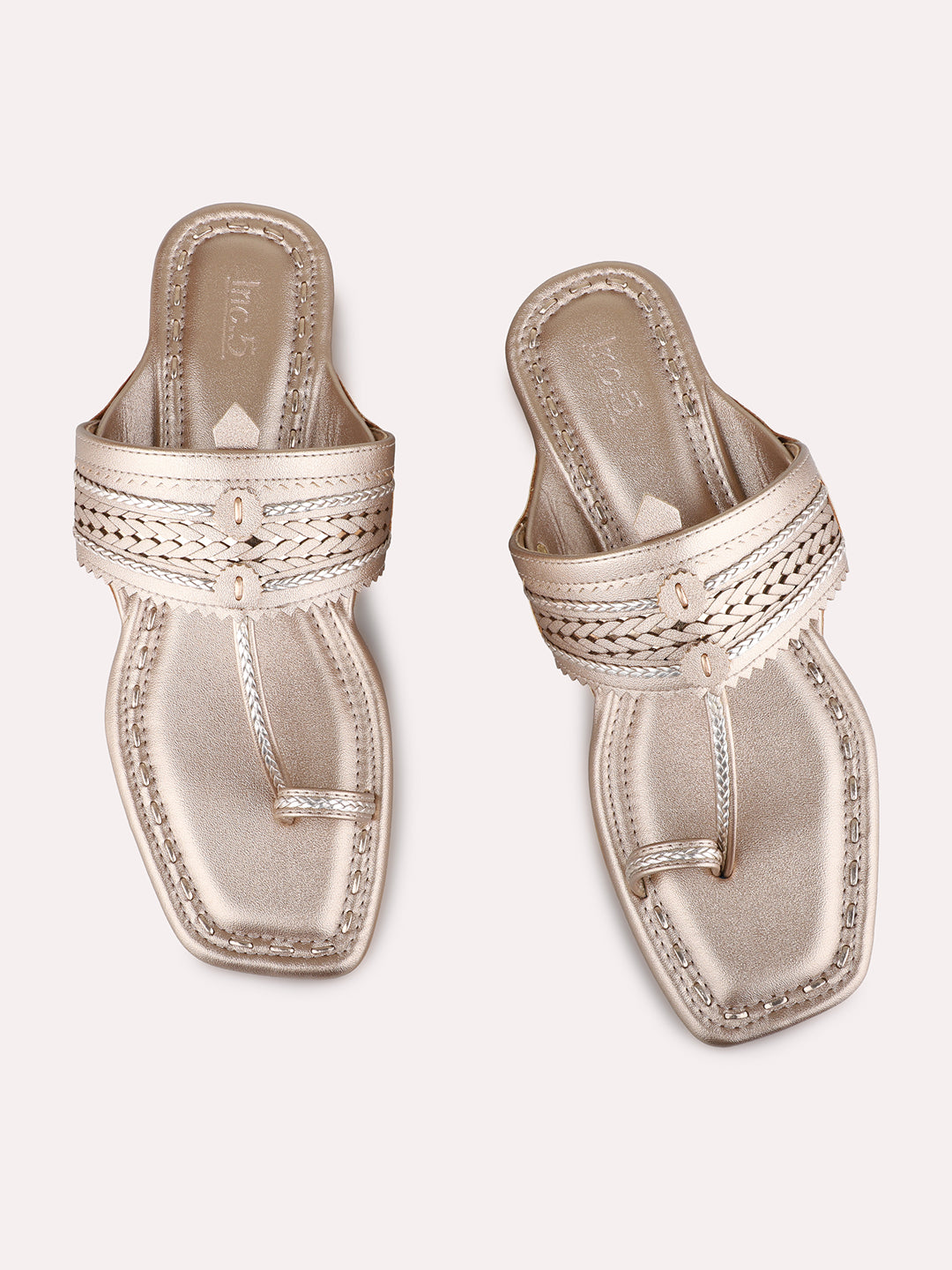 Womens Rose Gold Ethnic Embellished Round Toe Block Heel Kolhapuris