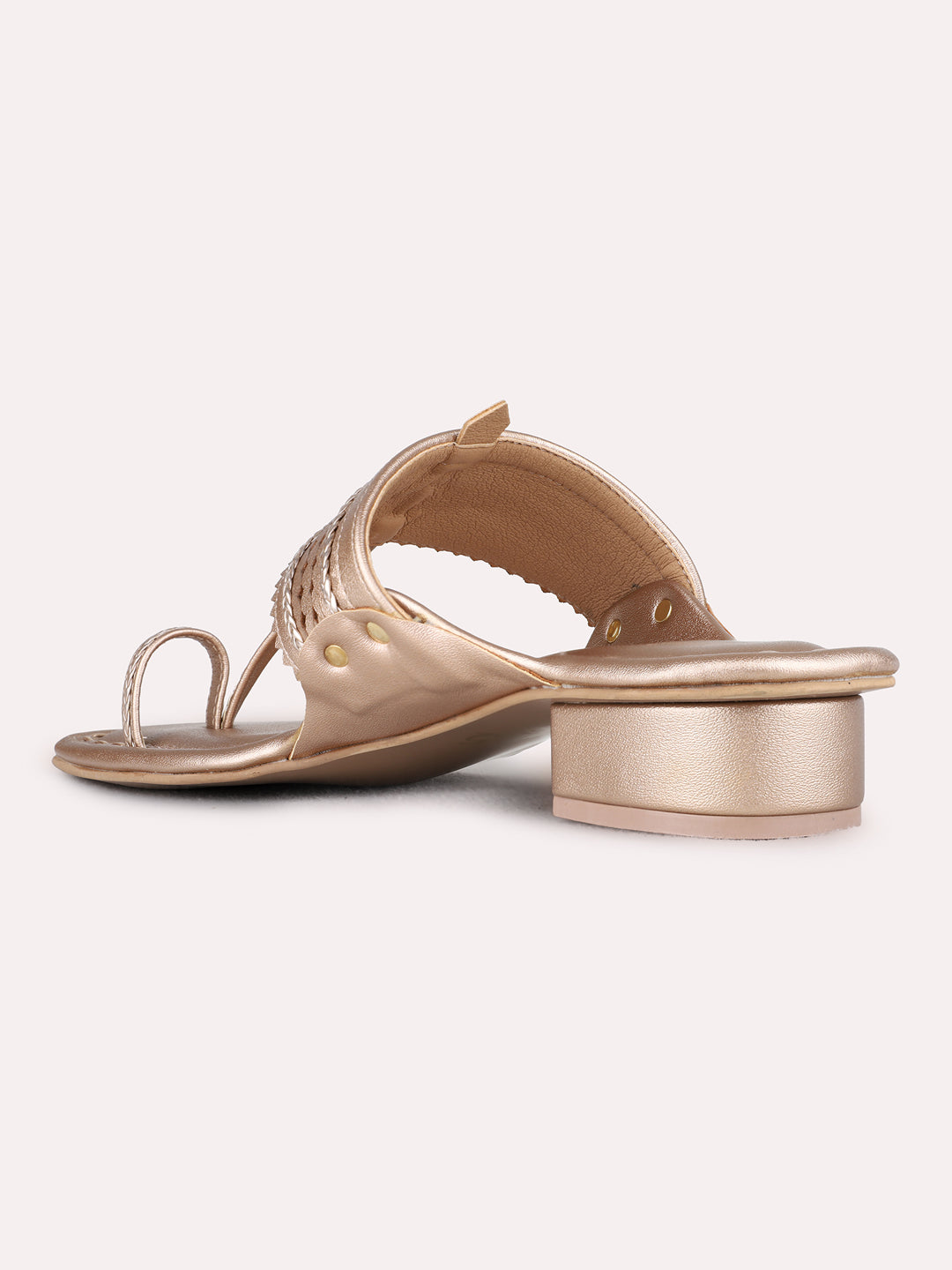 Womens Rose Gold Ethnic Embellished Round Toe Block Heel Kolhapuris
