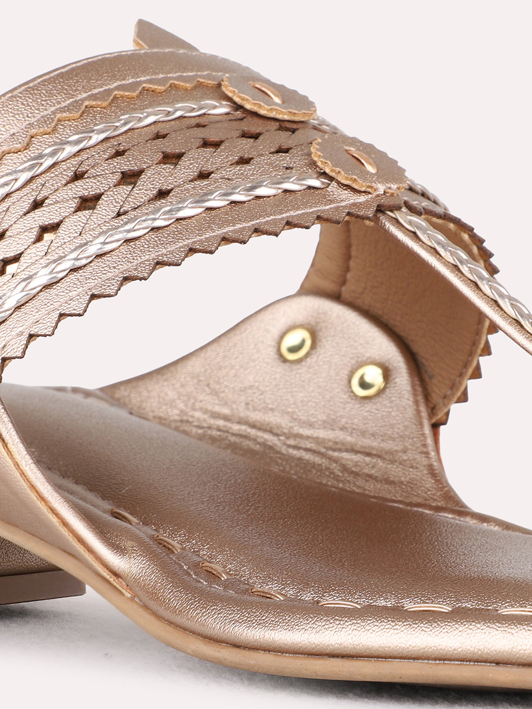 Womens Rose Gold Ethnic Embellished Round Toe Block Heel Kolhapuris