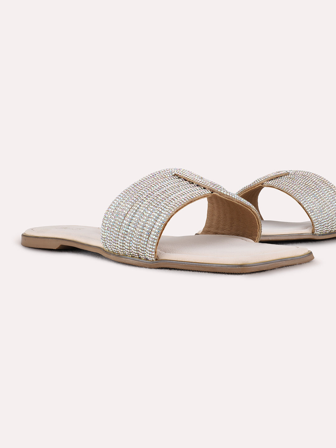 Womens Beige Casual Embellished Open Toe Flats