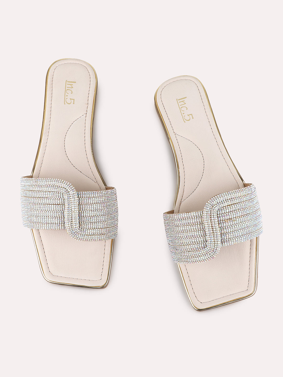 Womens Beige Casual Embellished Open Toe Flats
