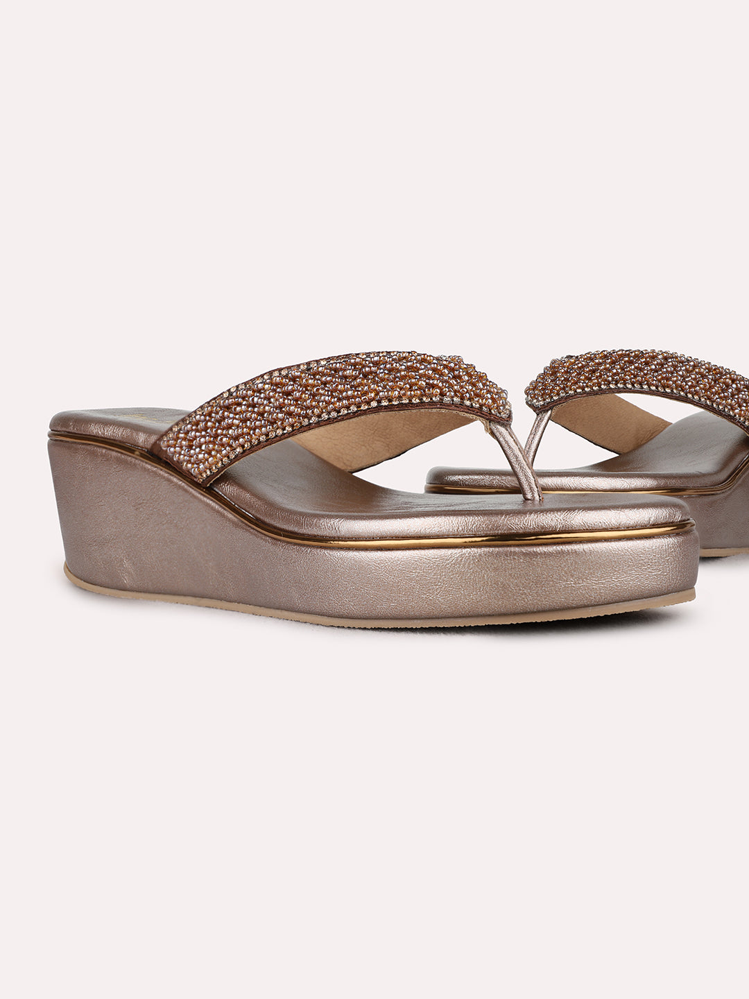 Womens Golden Party Wear Embellished Round Toe Wedge Heel Sandals