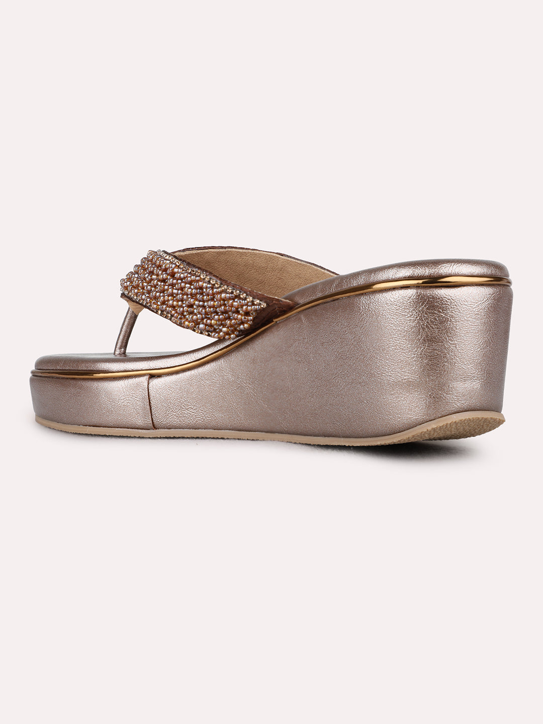 Womens Golden Party Wear Embellished Round Toe Wedge Heels