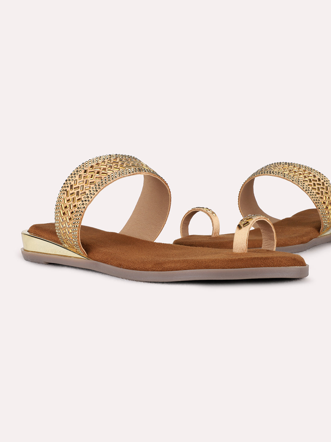 Womens Golden Ethnic Embellished Pattern One Toe Flat Slip-Ons