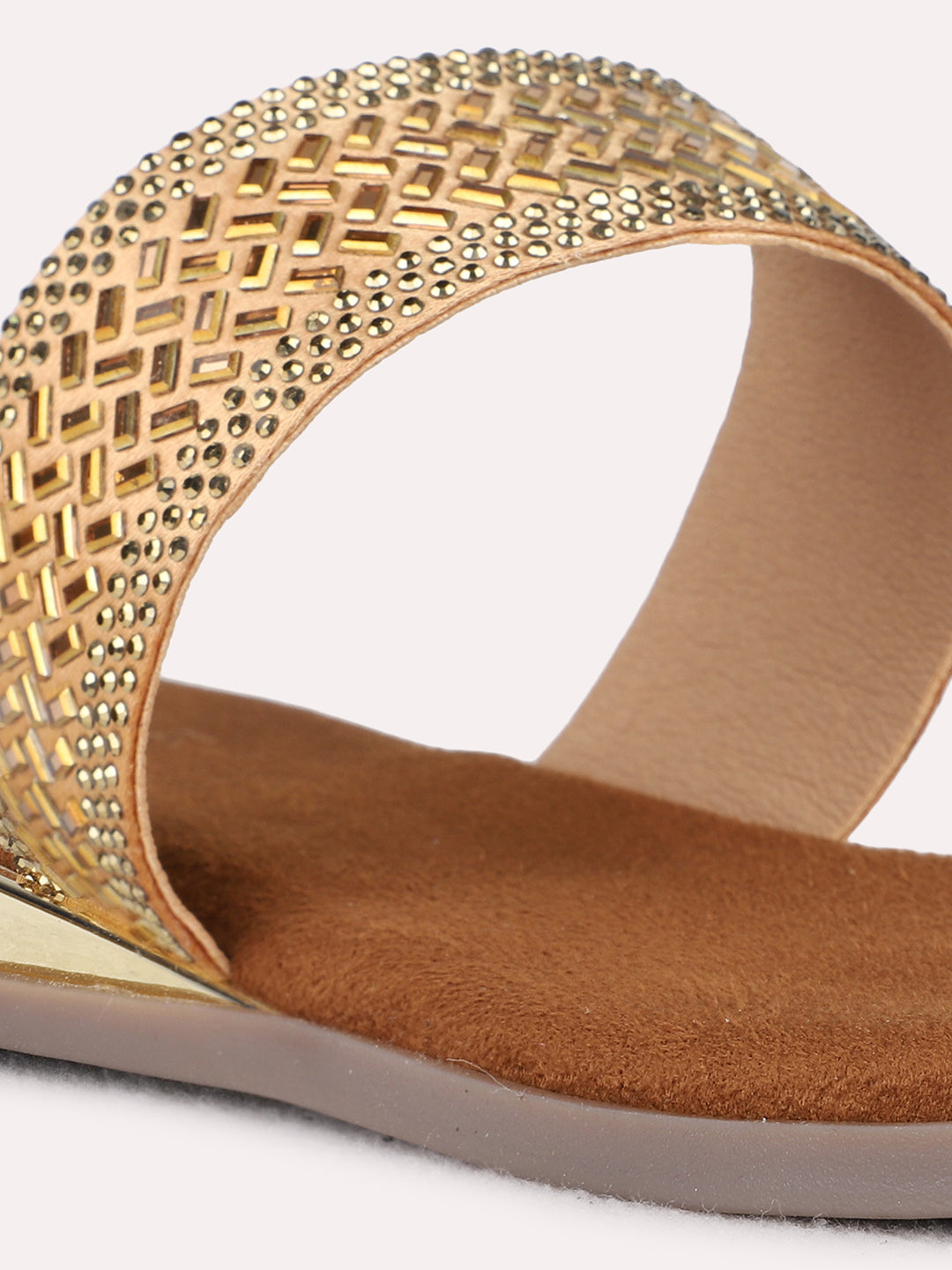Womens Golden Ethnic Embellished Pattern One Toe Flat Slip-Ons
