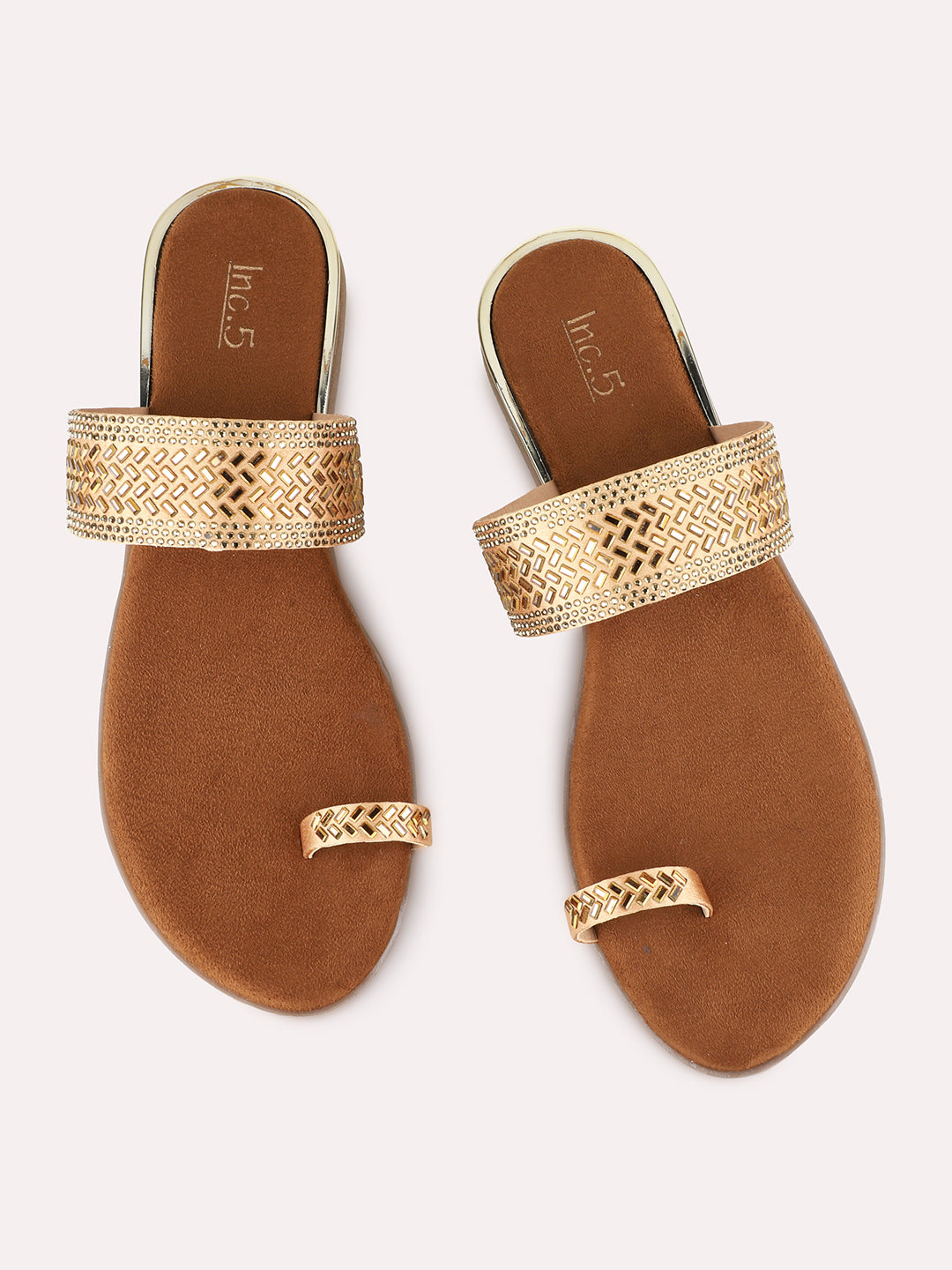 Womens Golden Ethnic Embellished Pattern One Toe Flat Slip-Ons