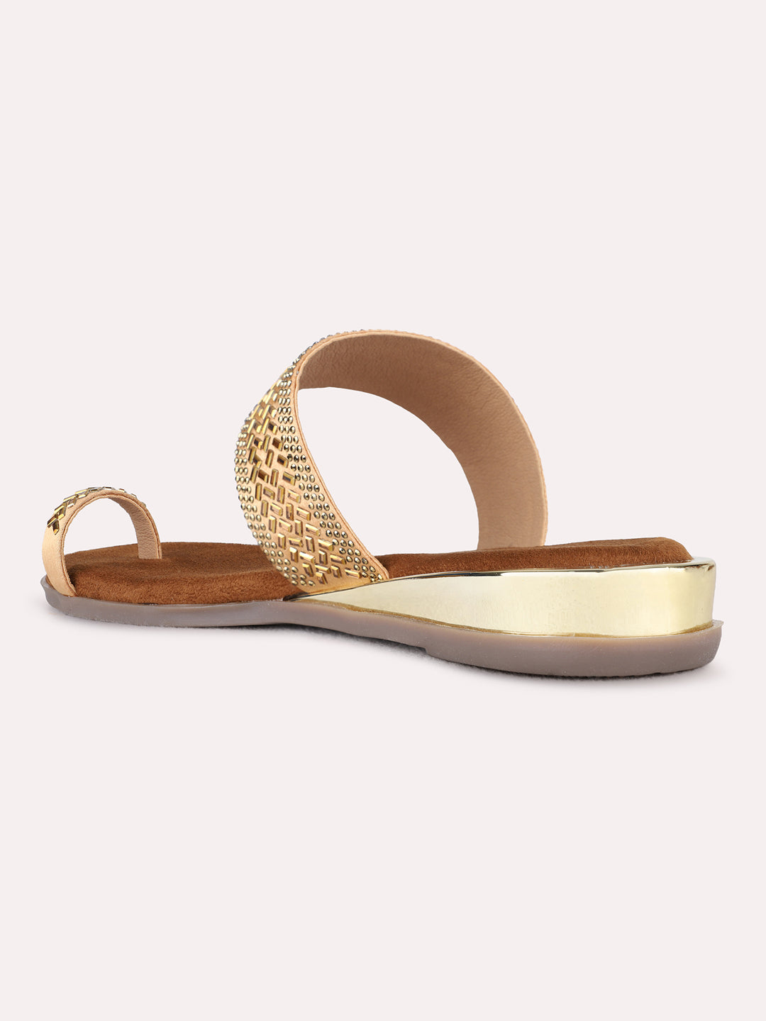 Womens Golden Ethnic Embellished Pattern One Toe Flat Slip-Ons