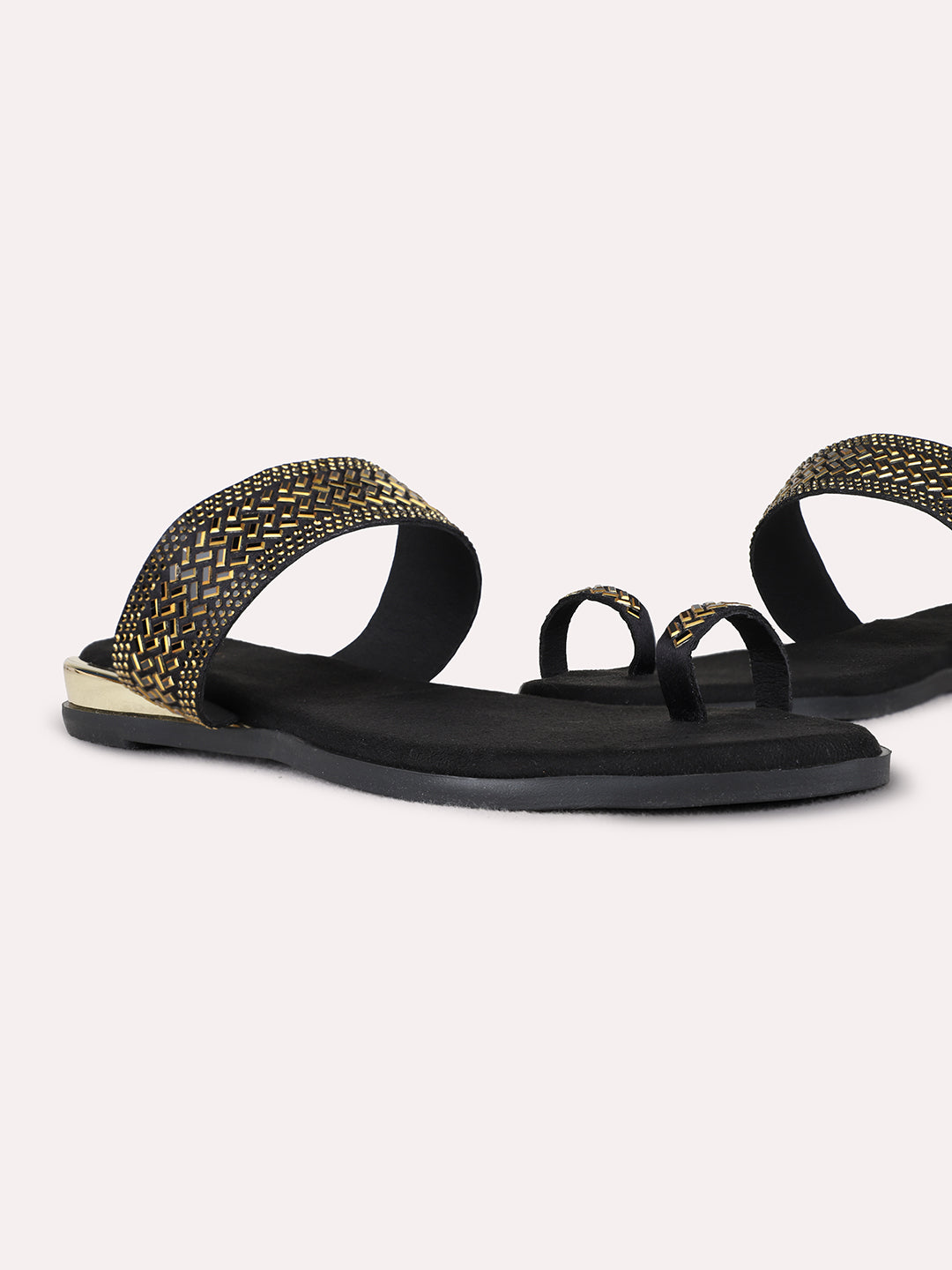 Womens Black Ethnic Embellished One Toe Flat Slip-Ons