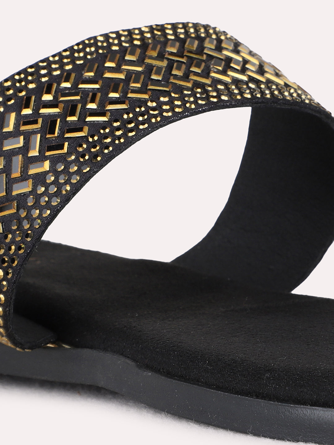 Womens Black Ethnic Embellished One Toe Flat Slip-Ons