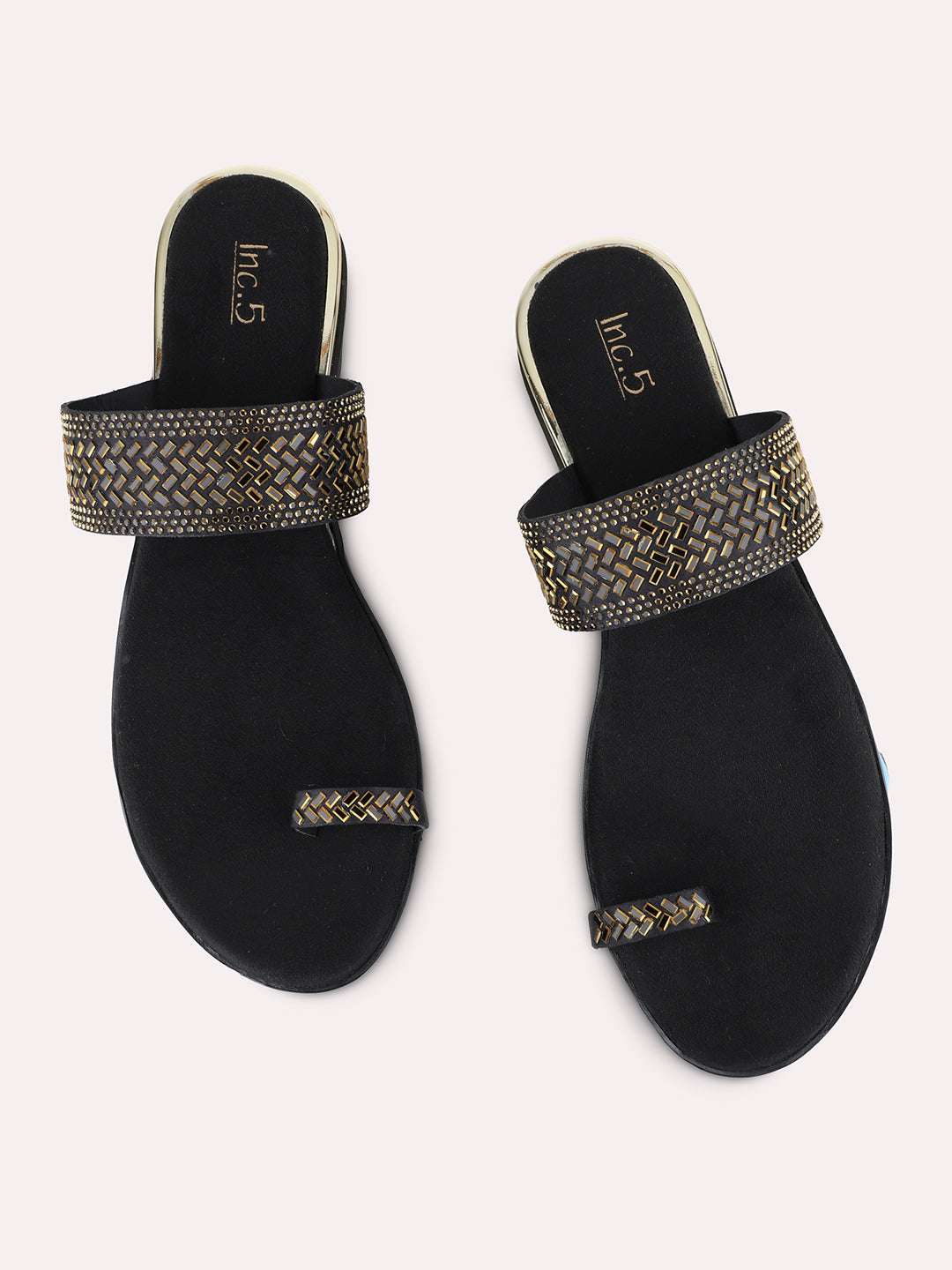 Womens Black Ethnic Embellished One Toe Flat Slip-Ons