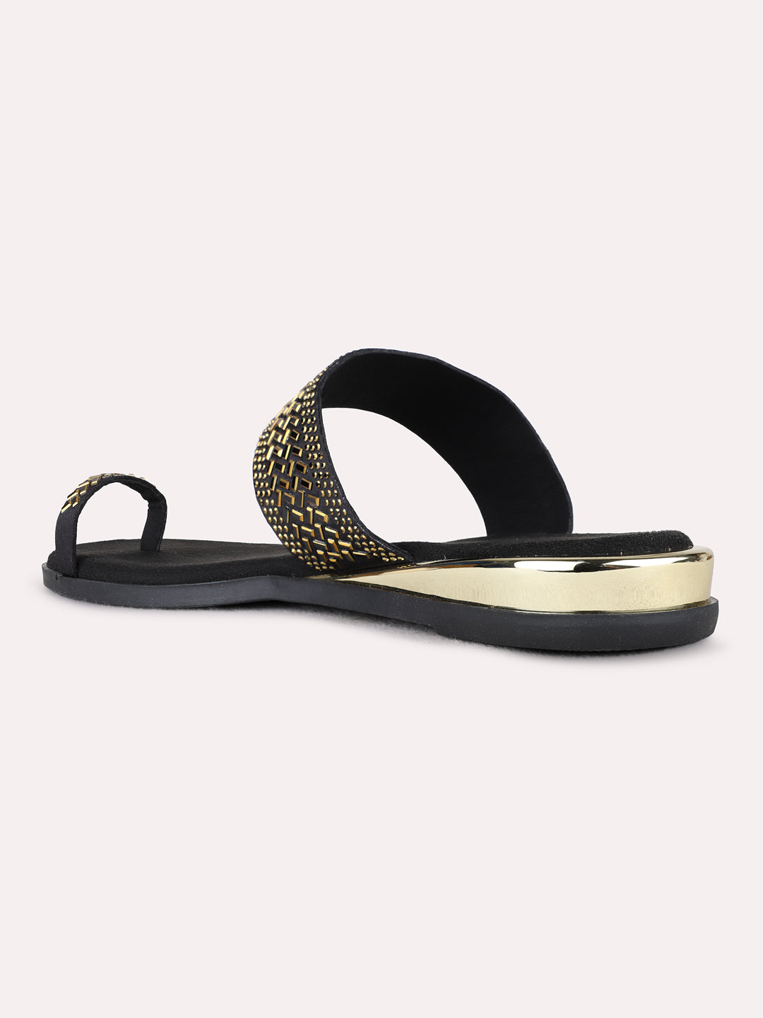 Womens Black Ethnic Embellished One Toe Flat Slip-Ons