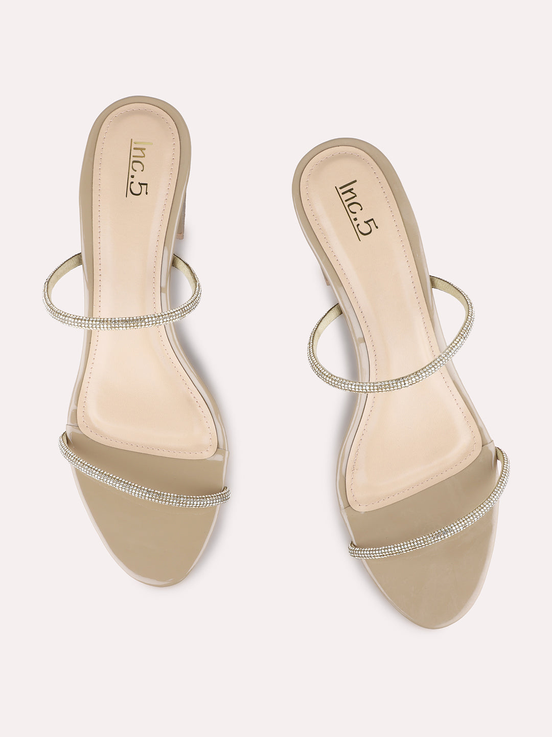 Womens Beige Party Wear Embellished Round Toe Block Heels