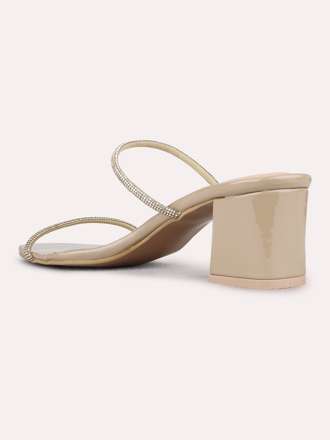 Womens Beige Party Wear Embellished Round Toe Block Heels