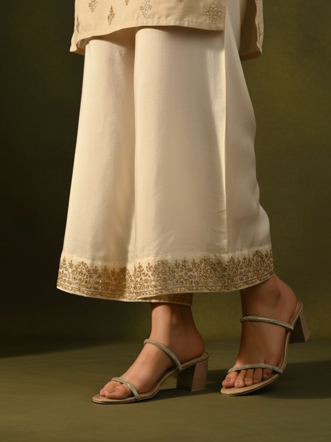 Womens Beige Party Wear Embellished Round Toe Block Heels