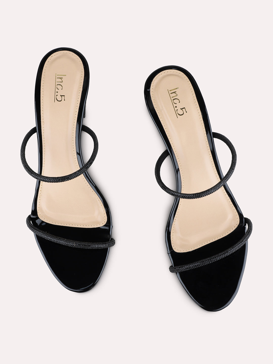 Womens Black Party Wear Embellished Round Toe Block Heels