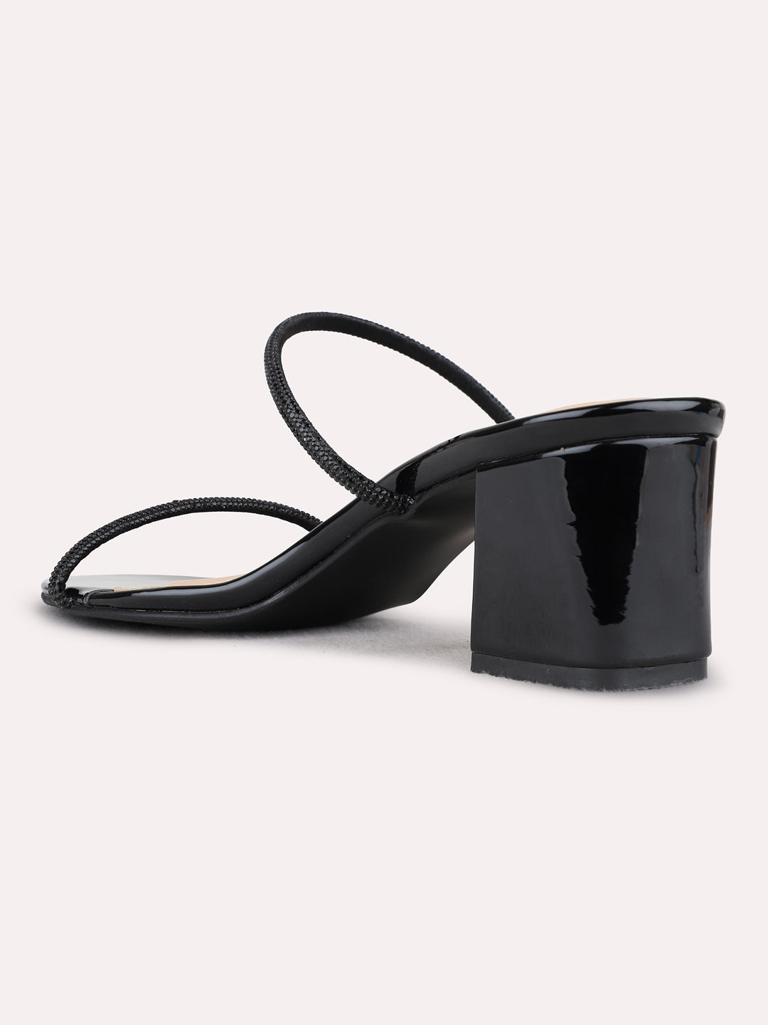 Womens Black Party Wear Embellished Round Toe Block Heels