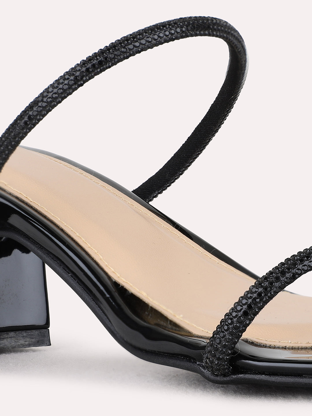 Womens Black Party Wear Embellished Round Toe Block Heels
