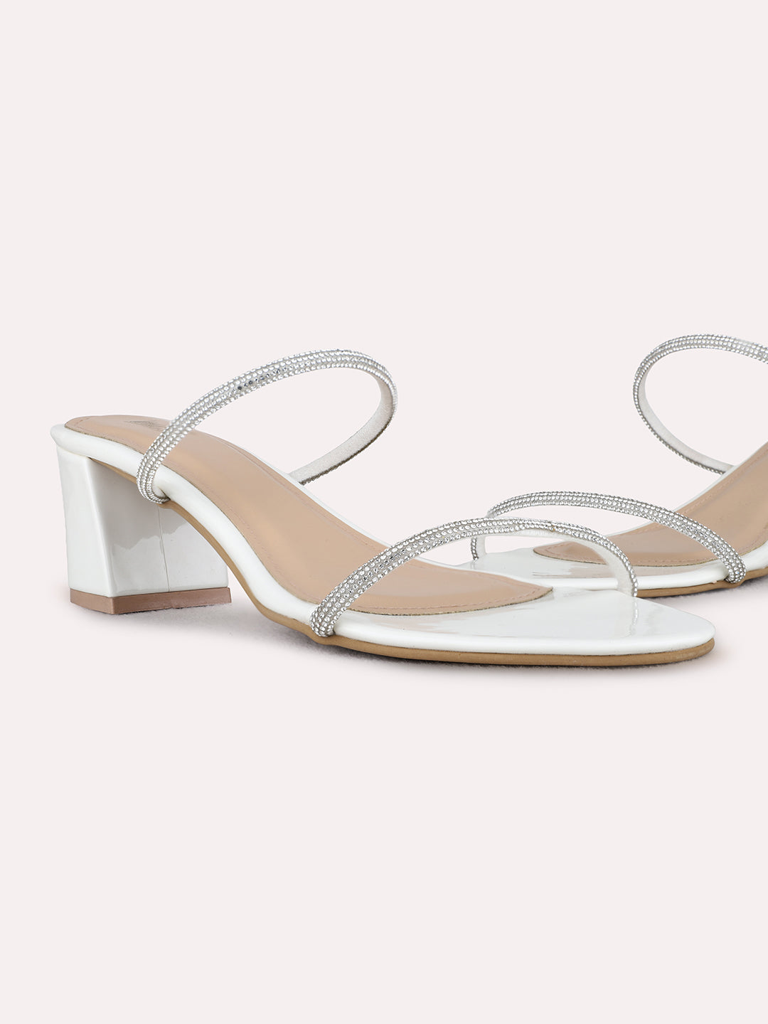 Womens White Party Wear Embellished Round Toe Block Heels