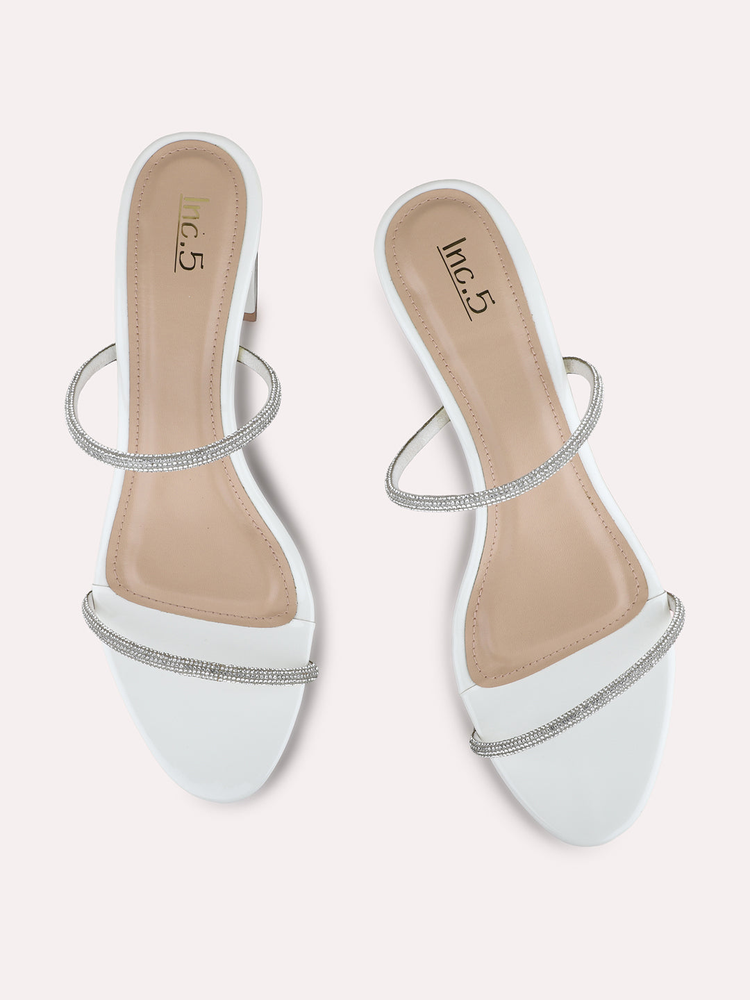 Womens White Party Wear Embellished Round Toe Block Heels
