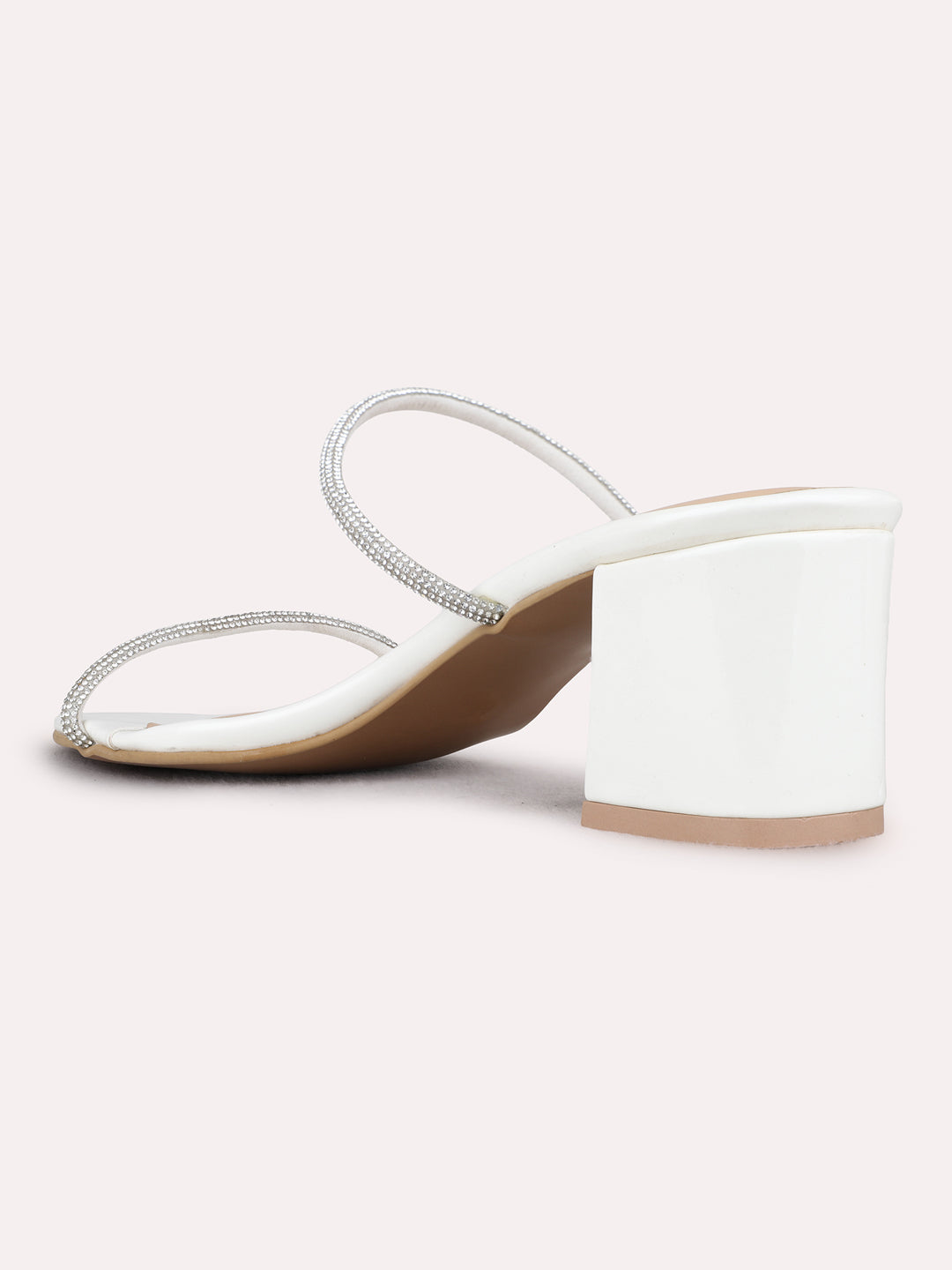 Womens White Party Wear Embellished Round Toe Block Heels