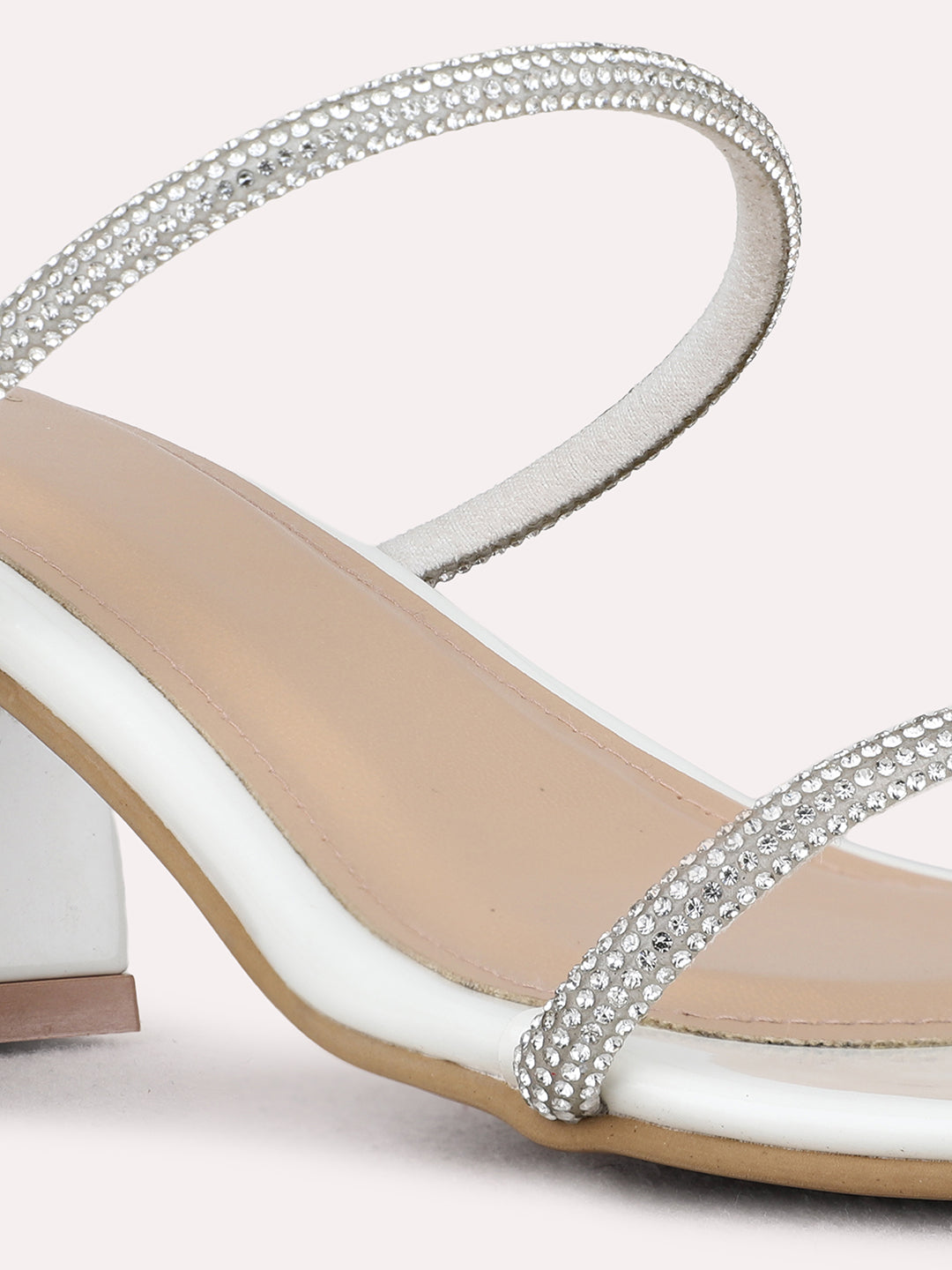 Womens White Party Wear Embellished Round Toe Block Heels