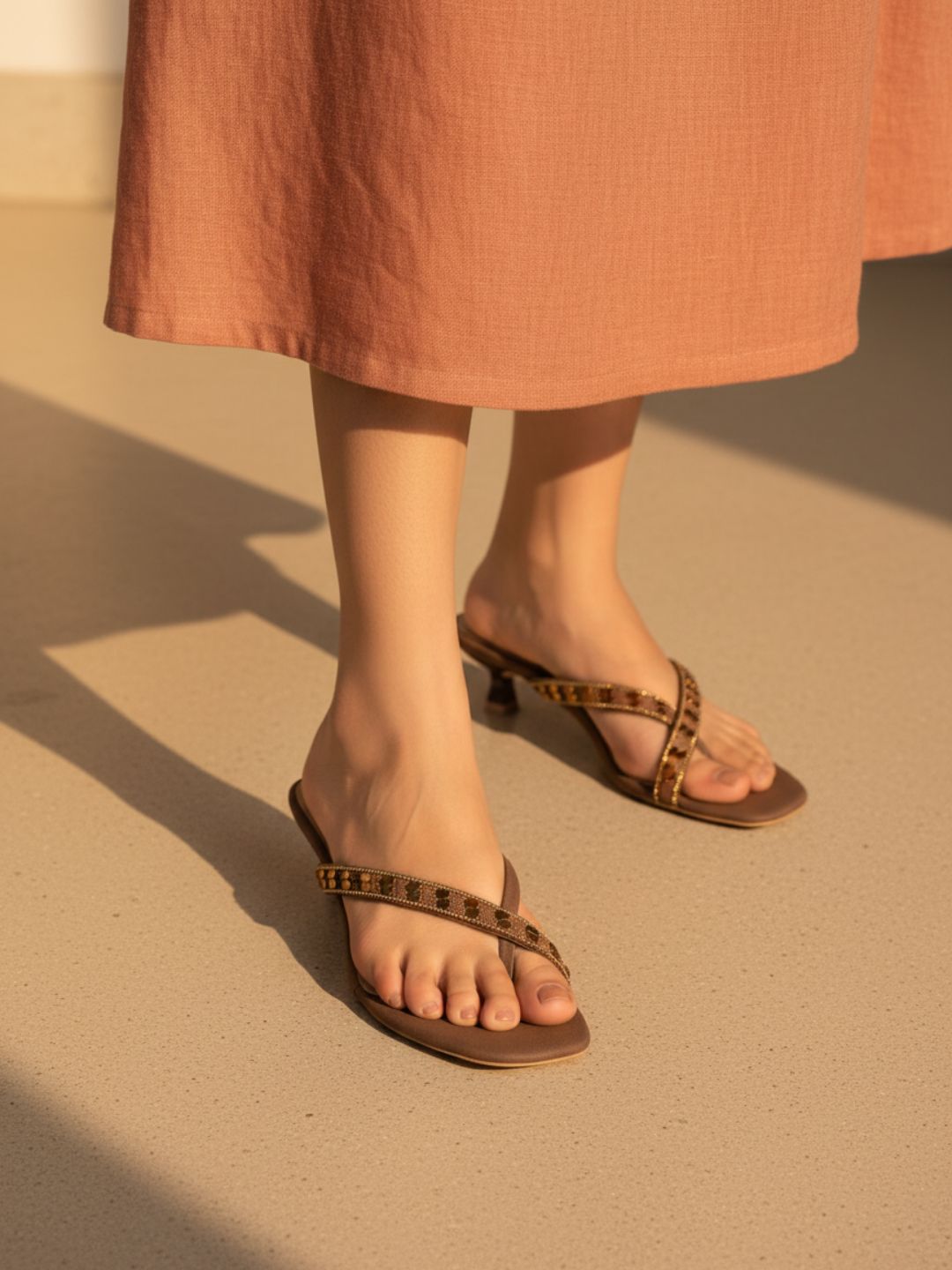 Womens Brown Party Wear Embellished Round Toe Kitten Heels